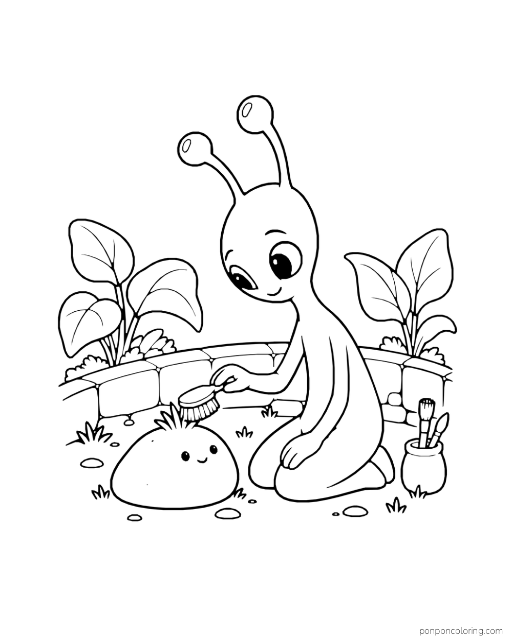 An alien brushes the tuft on a small smiling rock creature in a garden.