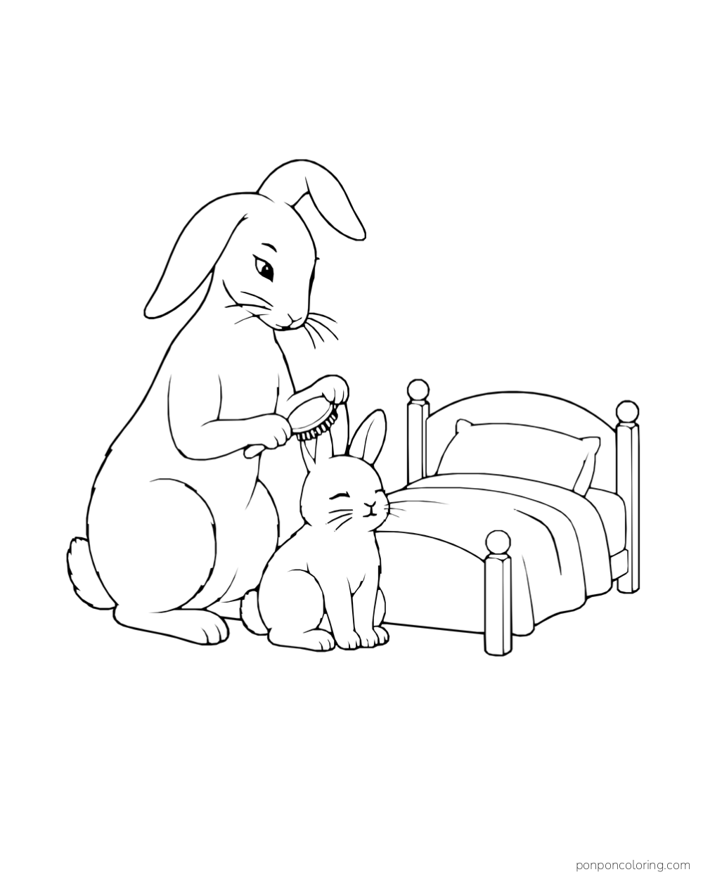 A lop-eared rabbit brushes a smaller rabbit beside a little bed.