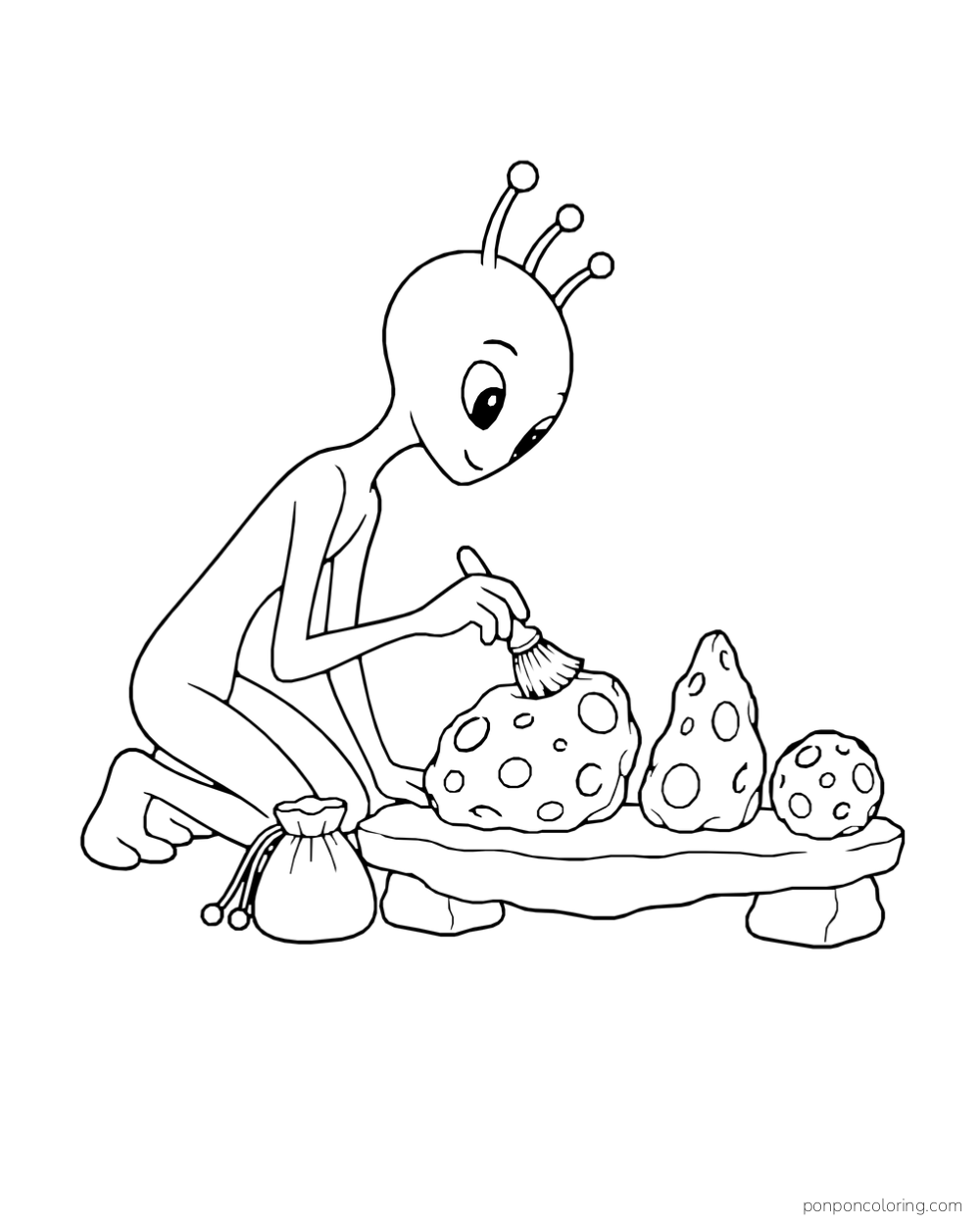A lanky alien brushes pebbles arranged on a low shelf.
