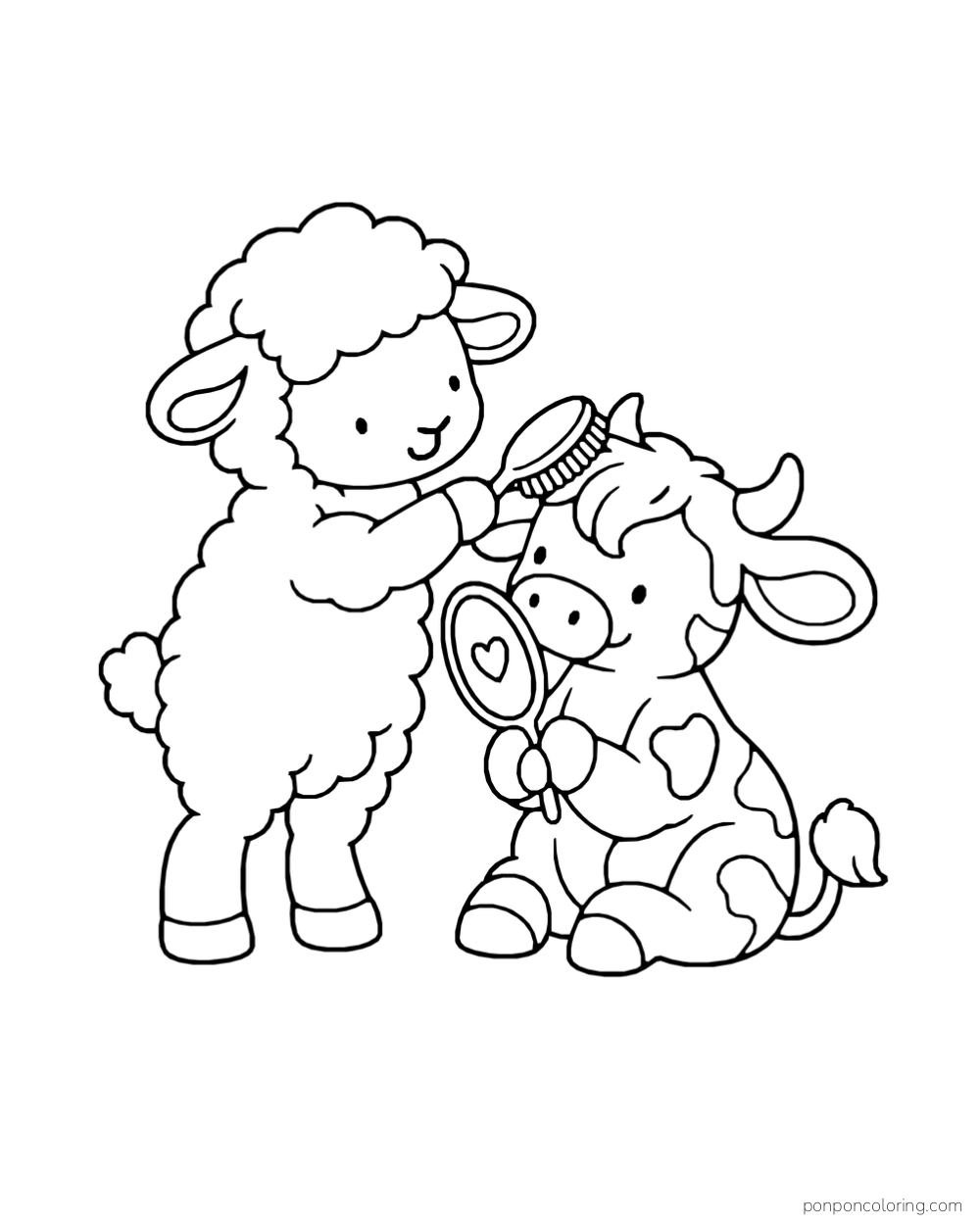 A sheep brushes a seated calf, who holds a heart-decorated mirror.