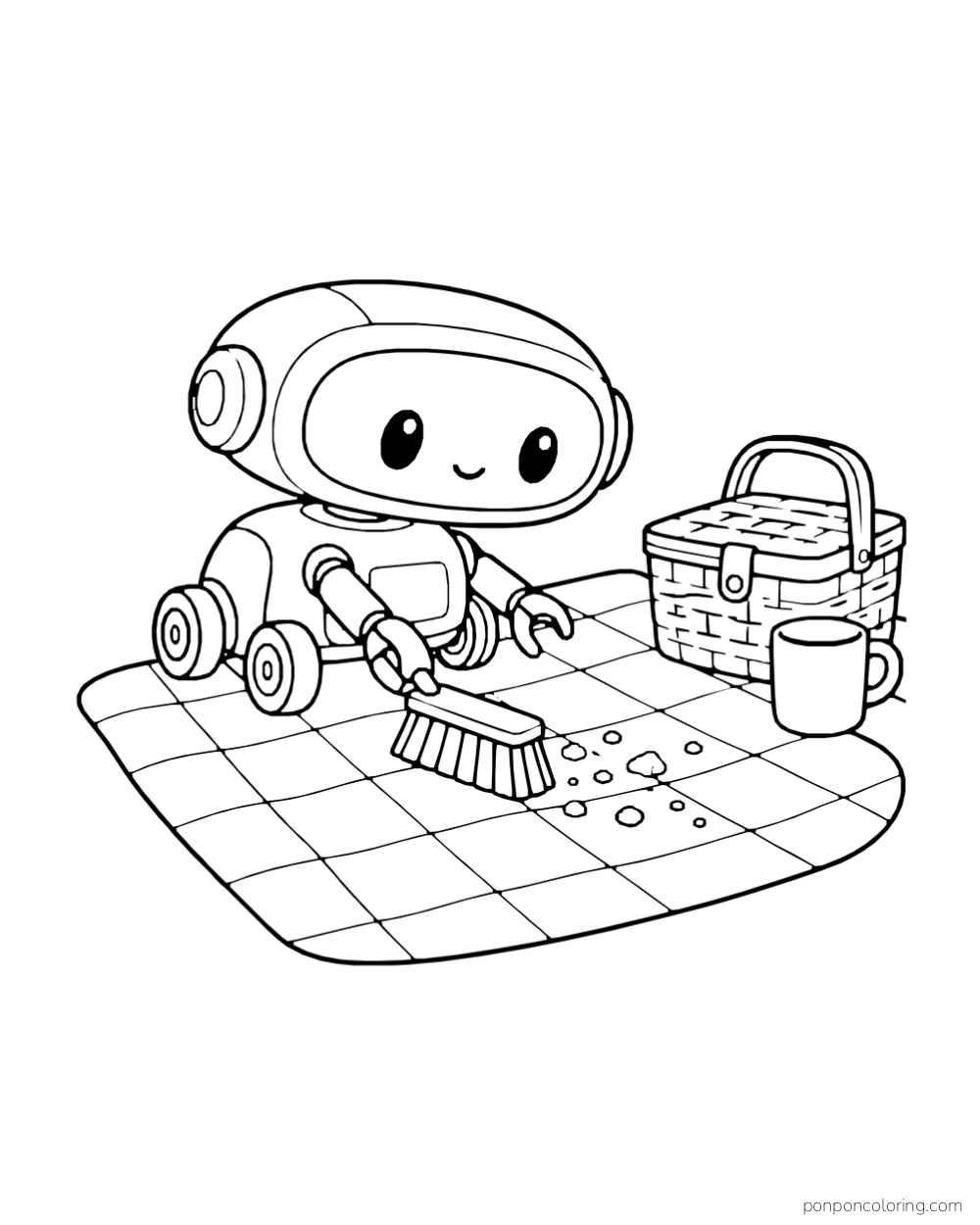 A low wheeled robot brushes crumbs from a picnic cloth.