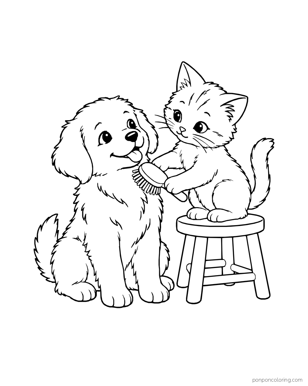 A kitten sitting on a stool brushes a fluffy puppy's chest.