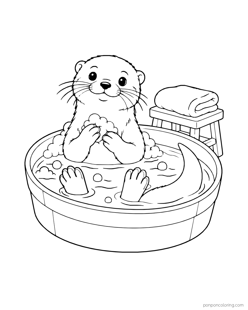 Otter sitting in a round bubble bath with folded towels on a stool.