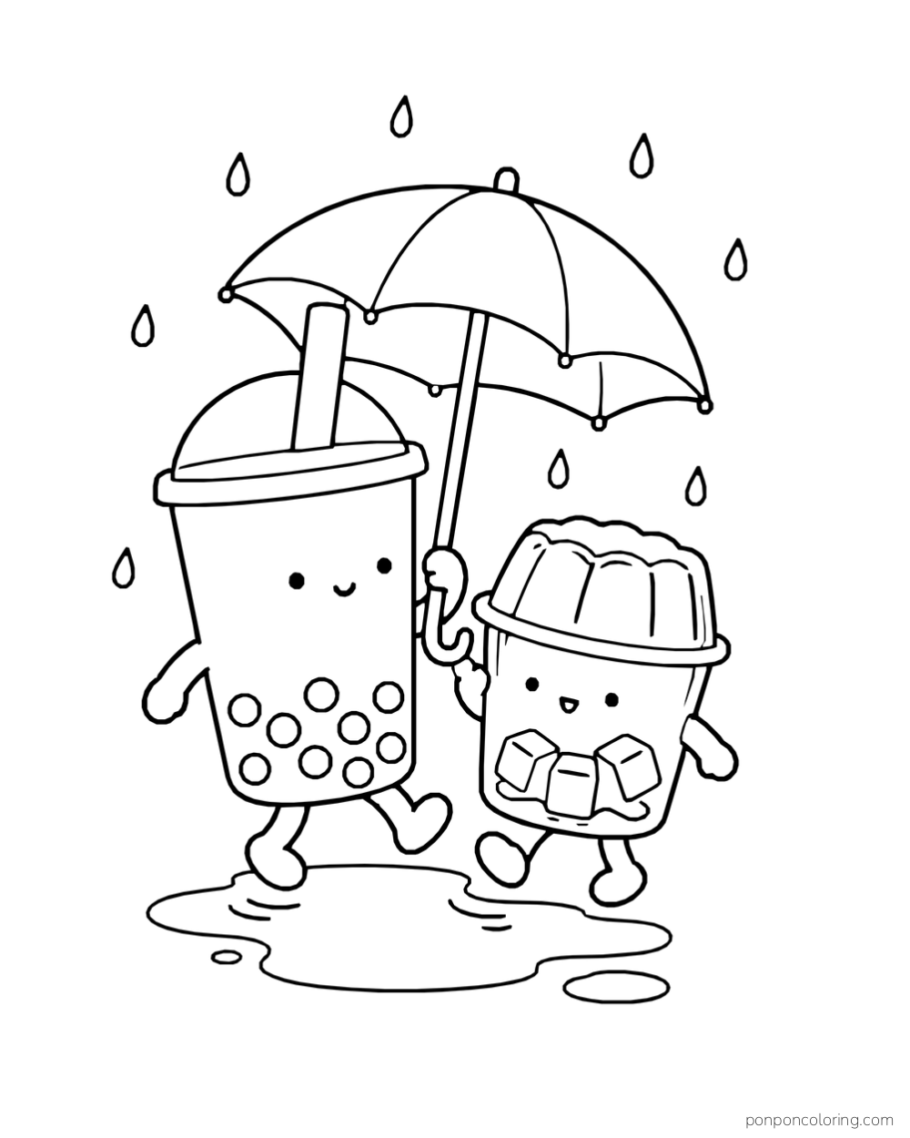 A bubble tea holds an umbrella over a jelly cup as they walk through a puddle.