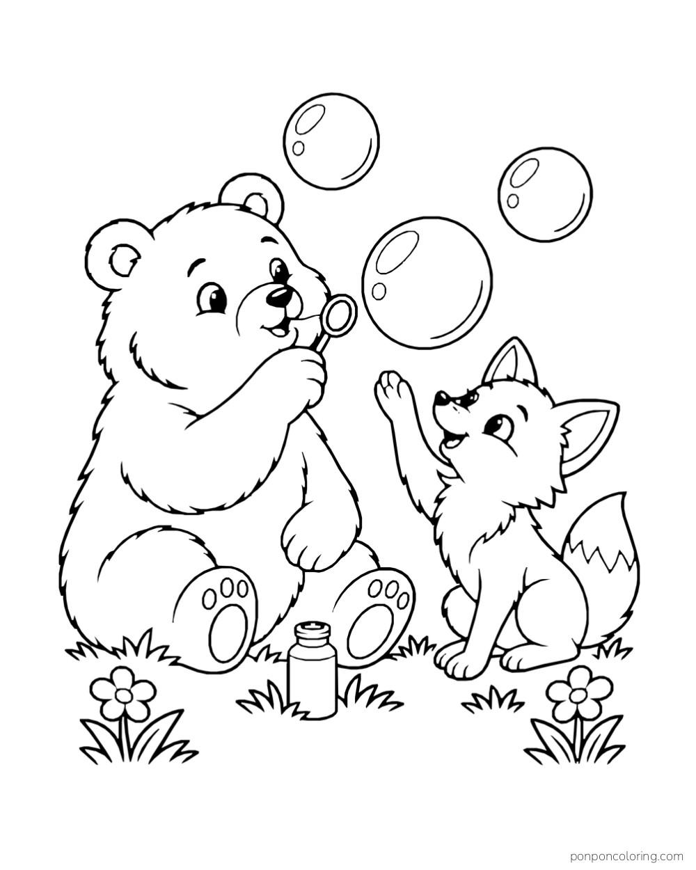 A seated bear blows bubbles through a ring while a fox reaches toward one bubble.