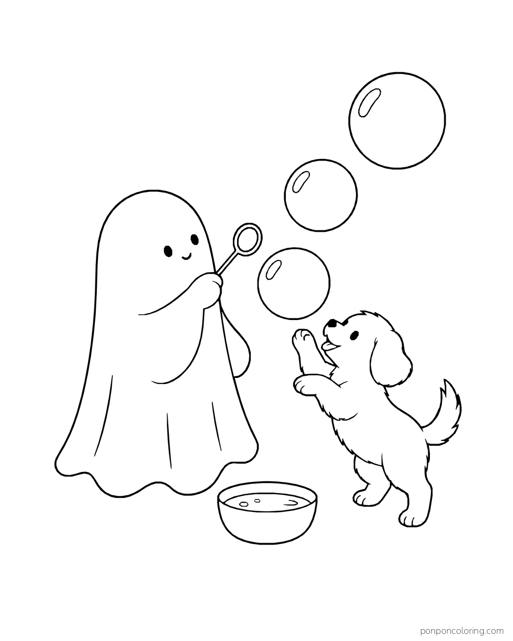 A ghost blows bubbles toward a playful puppy beside a bowl.