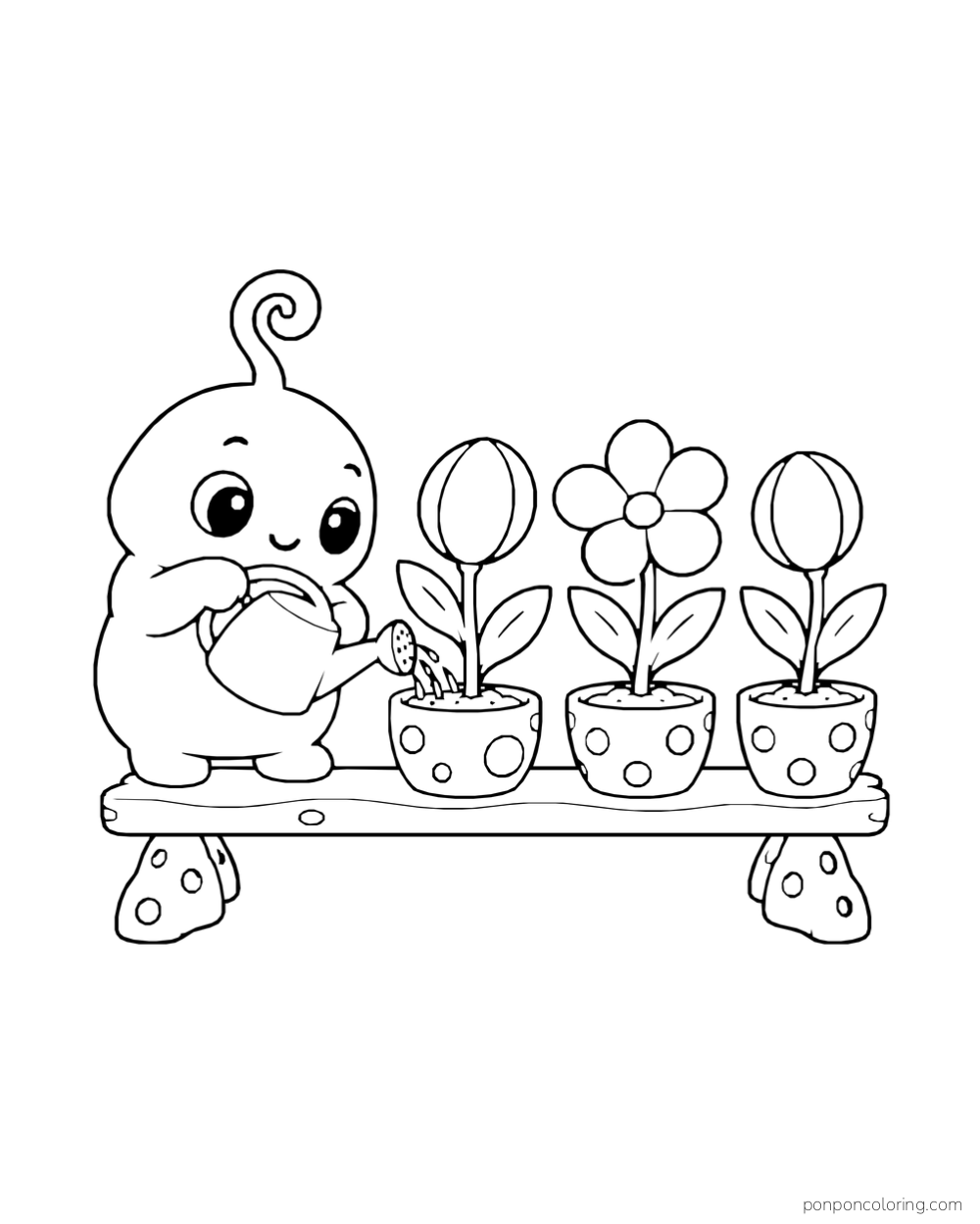 A round alien waters potted buds on a garden shelf.