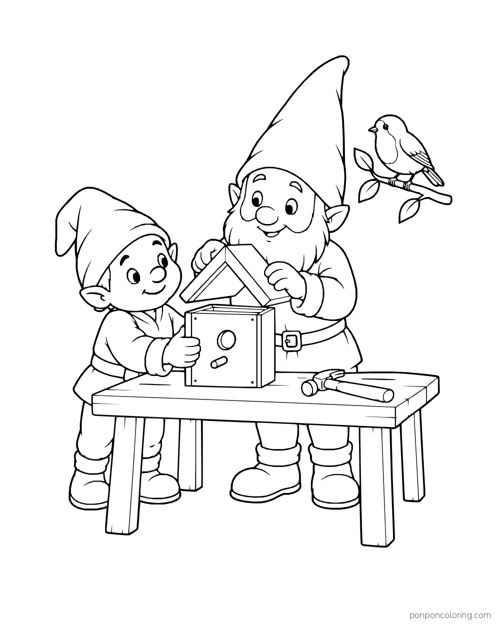 Two gnomes fitting a peaked roof onto a birdhouse while a robin waits on a nearby branch.