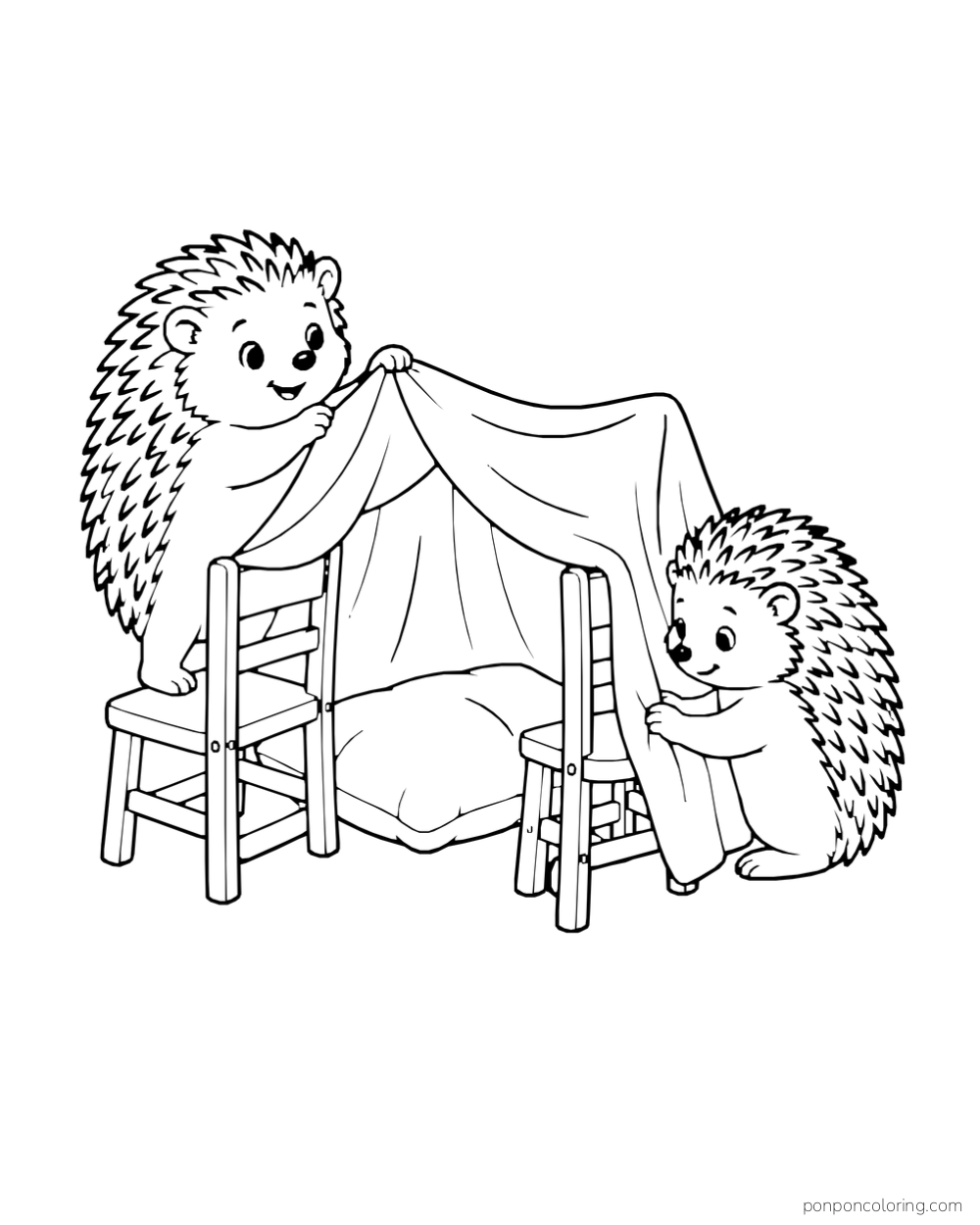 Two hedgehogs lift a draped sheet over two wooden chairs to make a little fort.