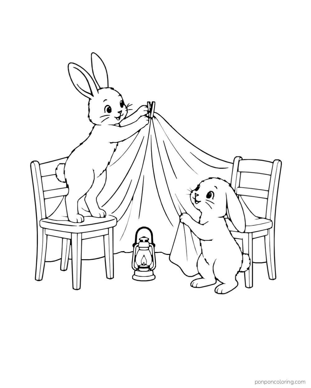 Two rabbits stretch a blanket between chairs, with a lantern on the floor beneath it.