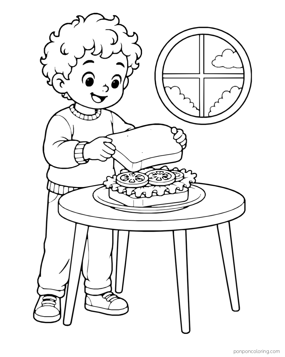 A child holds a top bread slice above a tall sandwich on a small round table.