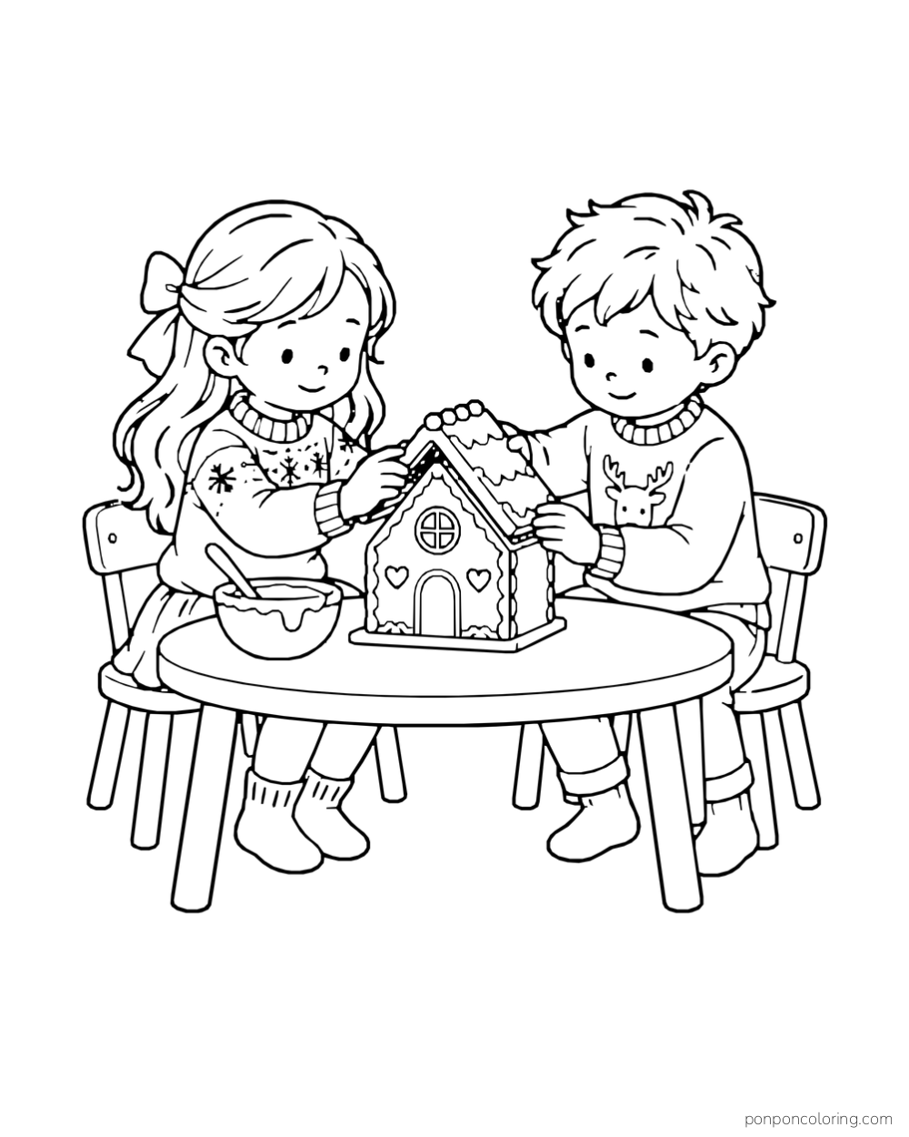 Two children assemble a gingerbread house at a small table with a bowl of icing.
