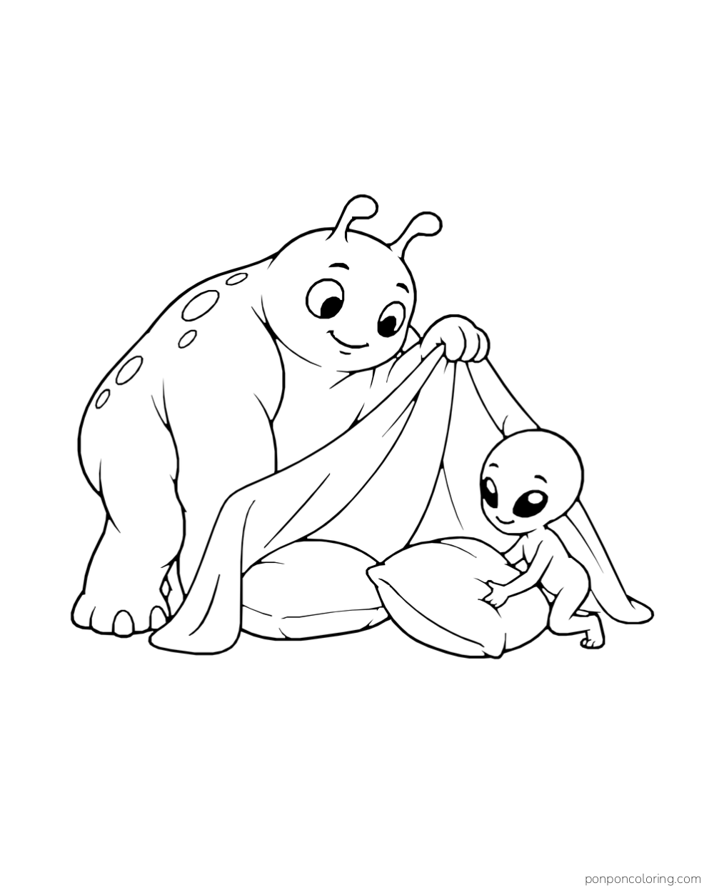 A large alien and a smaller alien build a pillow fort together.