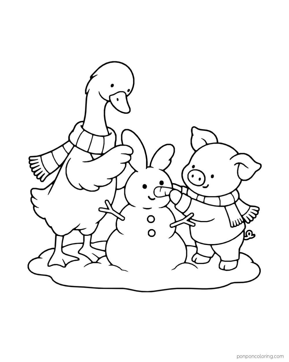 A goose and pig build a rabbit-shaped snow sculpture.