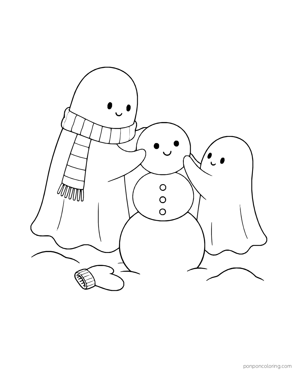 Two ghosts stand beside a snowman with a scarf and buttons.