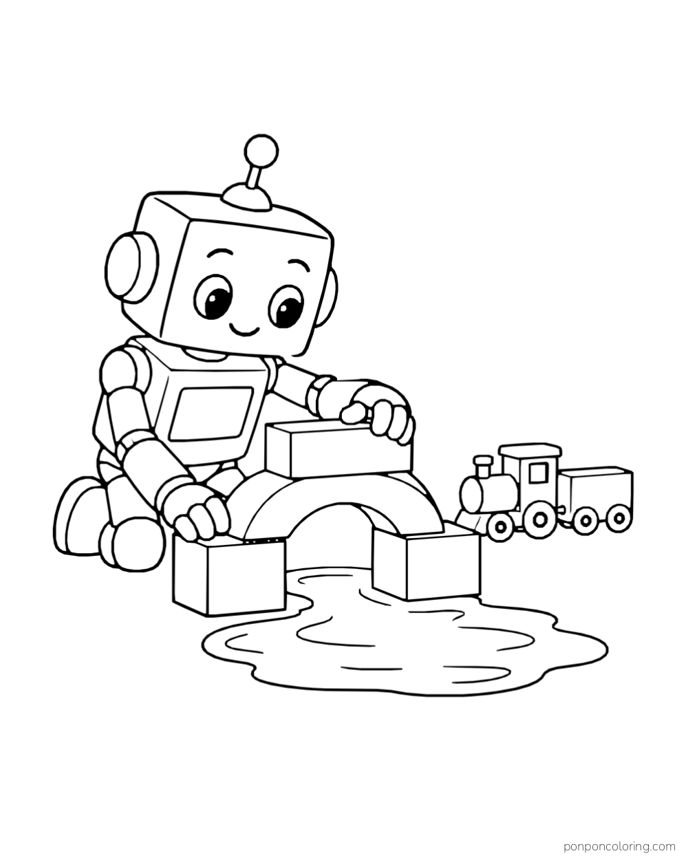 Robot builds an arched toy bridge by a train.