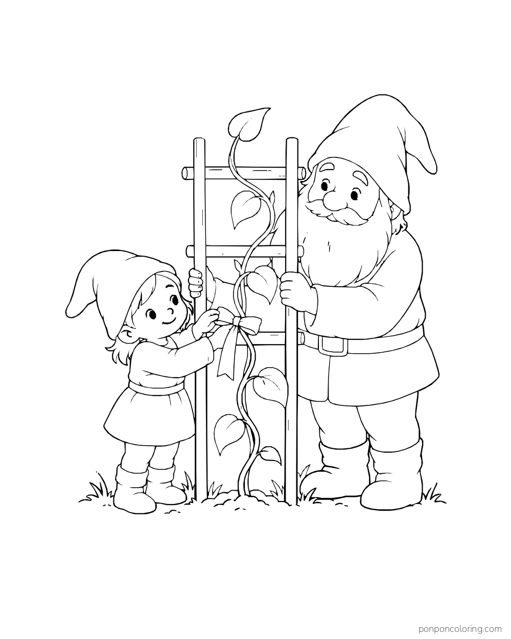 Older and younger gnomes holding a simple trellis beside a climbing vine.