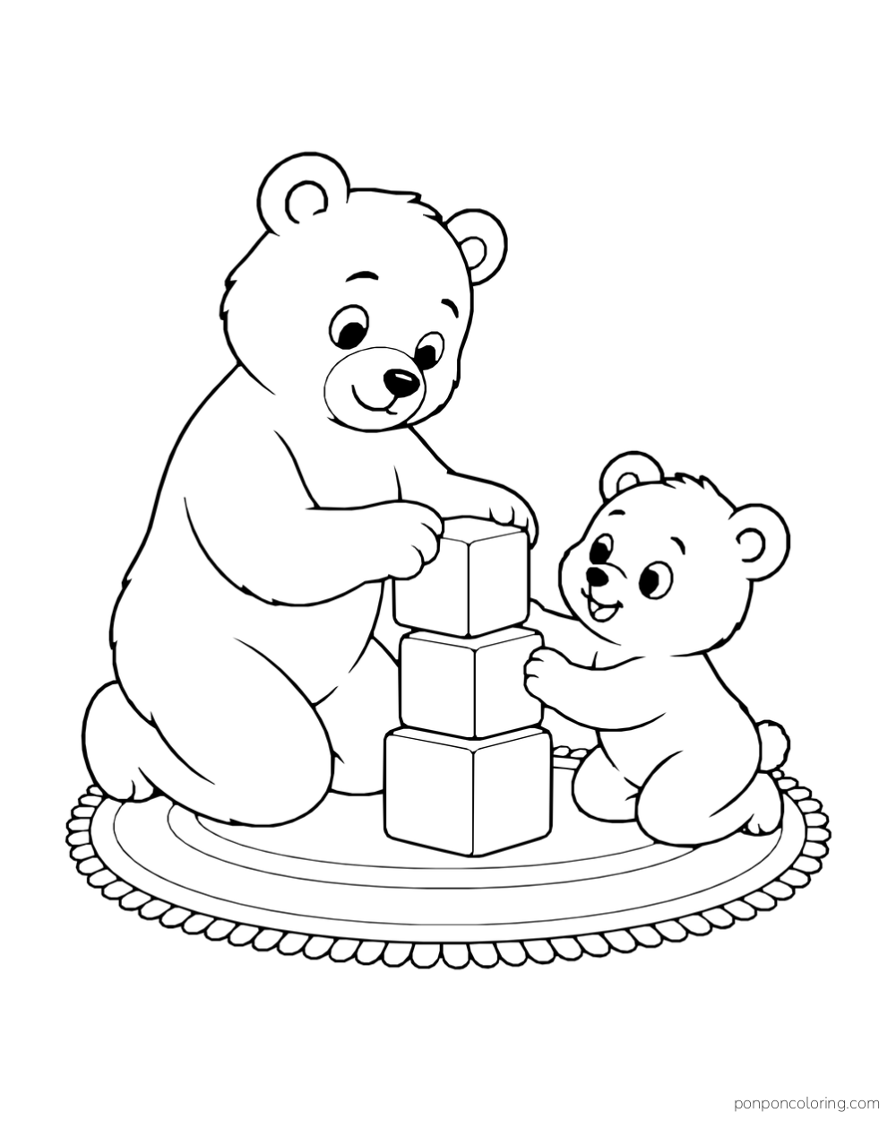 Two bears of different sizes stack three large wooden blocks on a round rug.