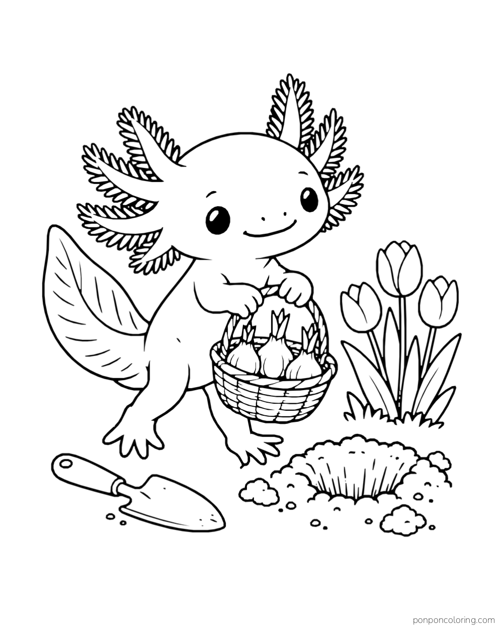 Axolotl carrying a basket of bulbs beside a patch of tulips and a hand trowel.