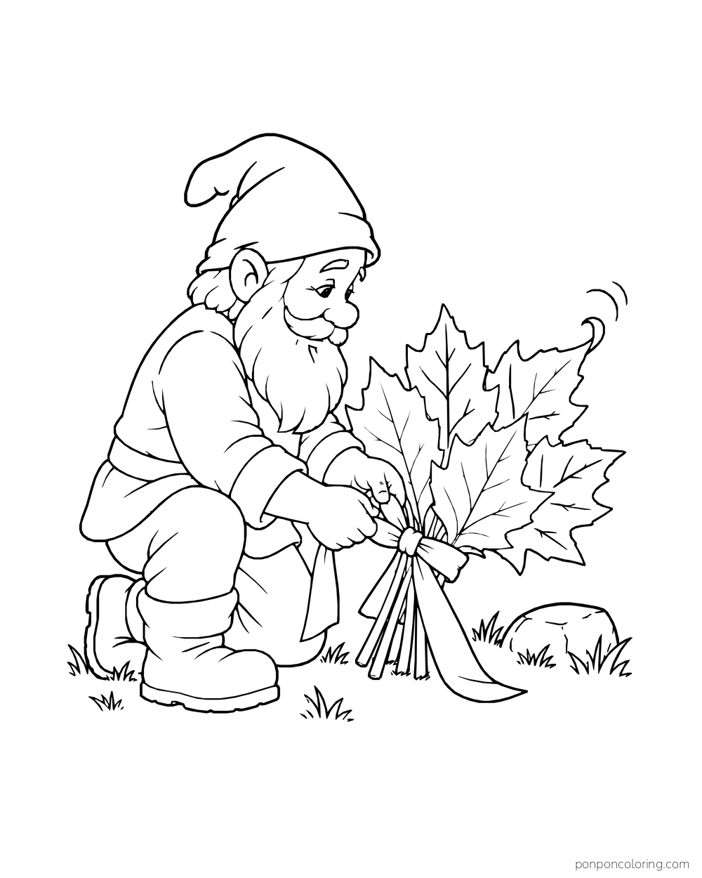Kneeling gnome tying a ribbon around a bunch of large fallen leaves.