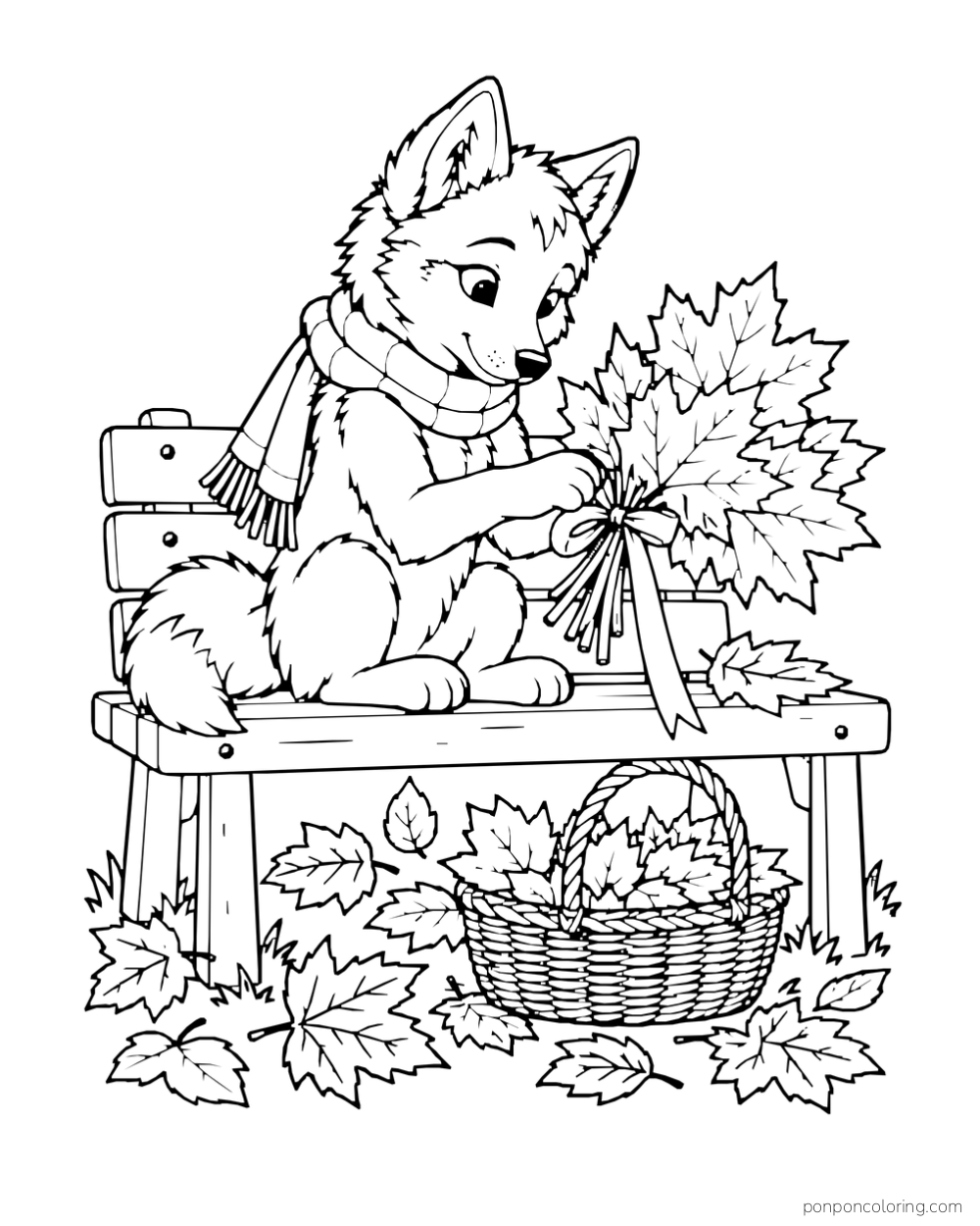A scarf-wearing pup ties a bundle of leaves on a bench with a basket underneath.
