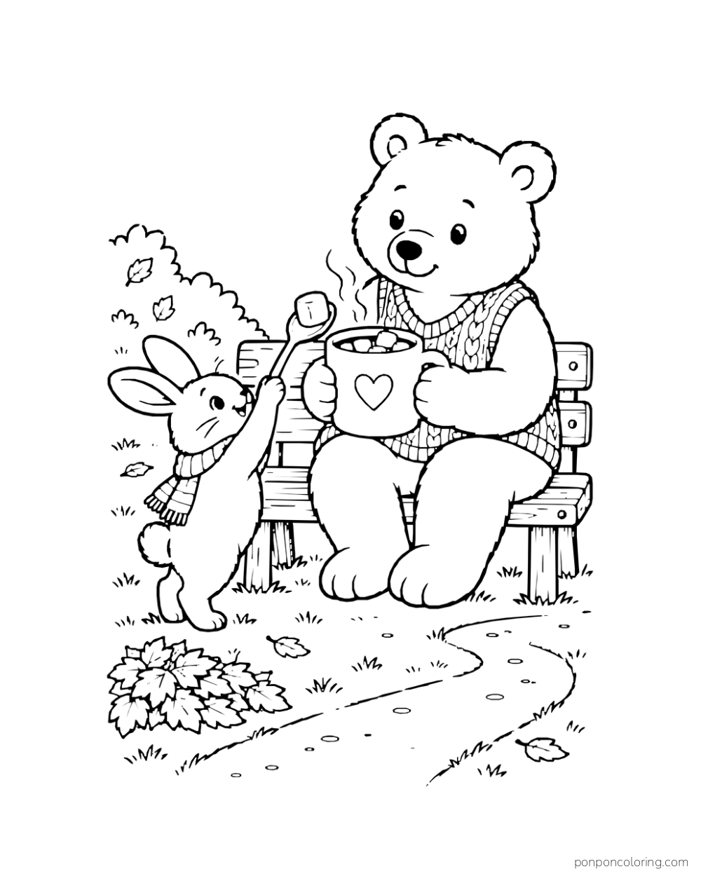 A bunny reaches up to add a marshmallow to a bear's cocoa mug on a bench.