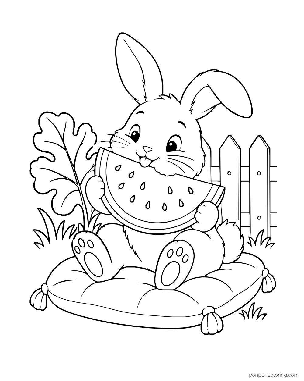 A bunny on a tasseled cushion holding a large watermelon wedge by a garden fence.