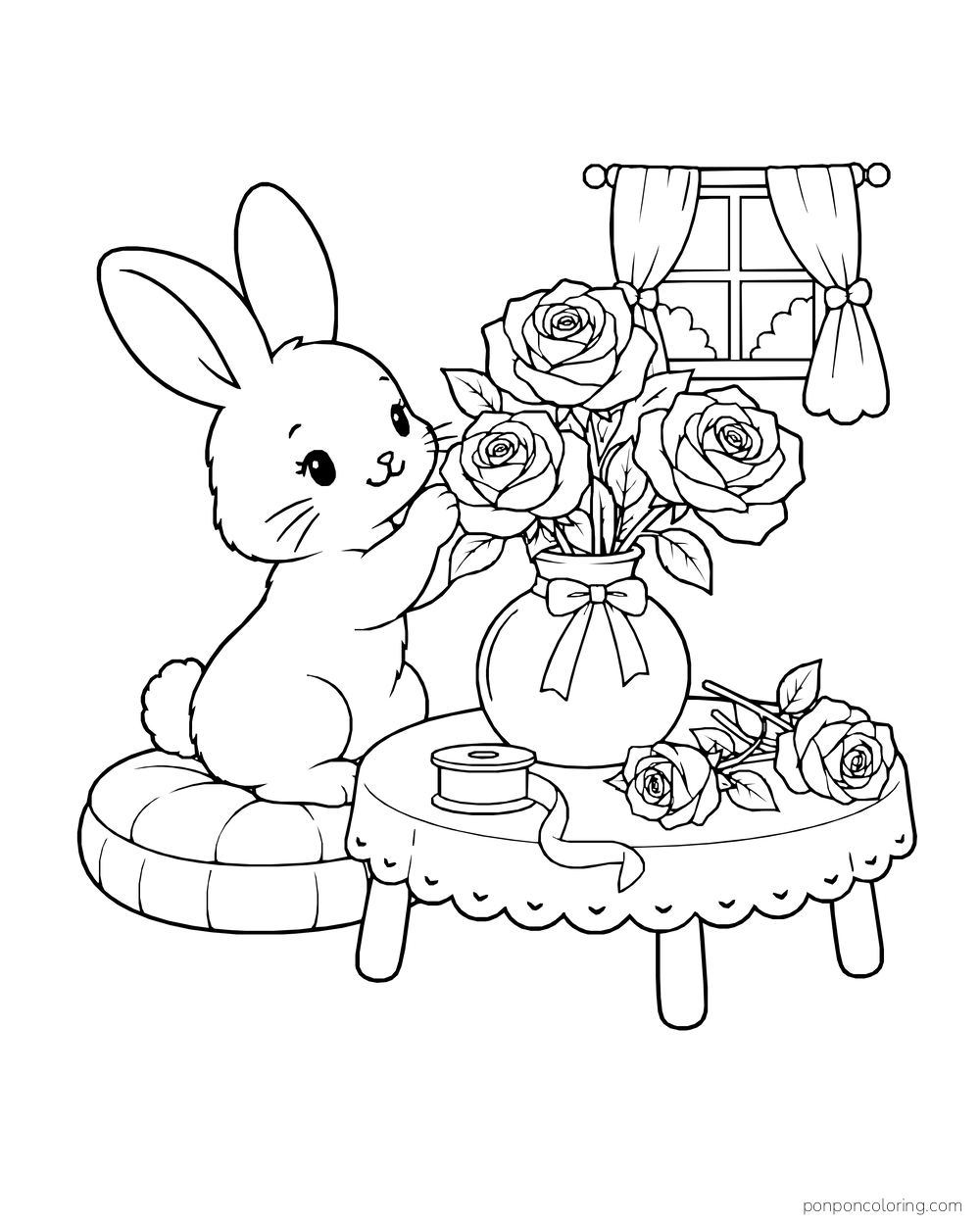 Bunny arranging three roses in a bow-tied vase beside two cut roses and a ribbon spool.