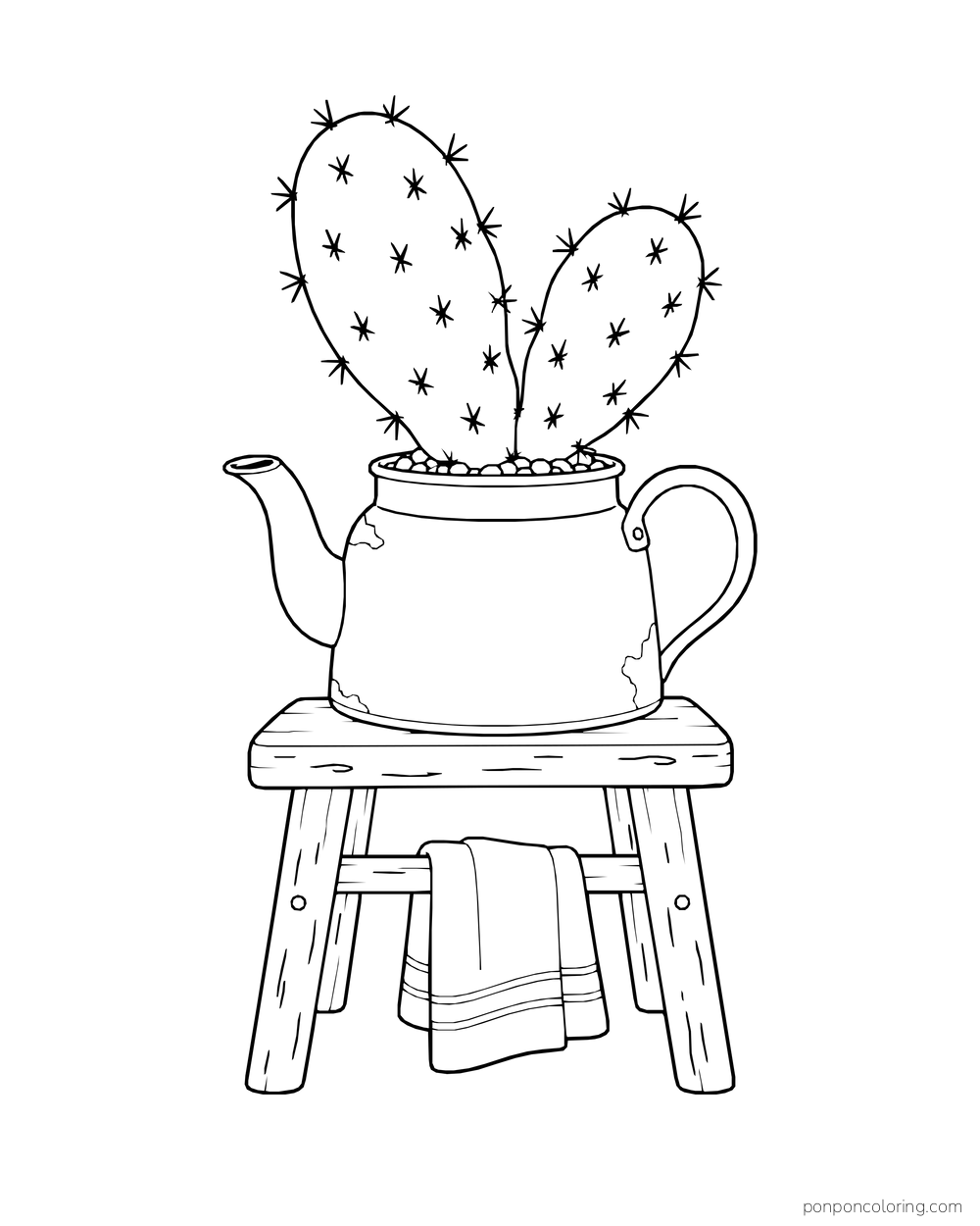 A bunny-ear cactus grows in an old kettle on a small stool above a hanging towel.