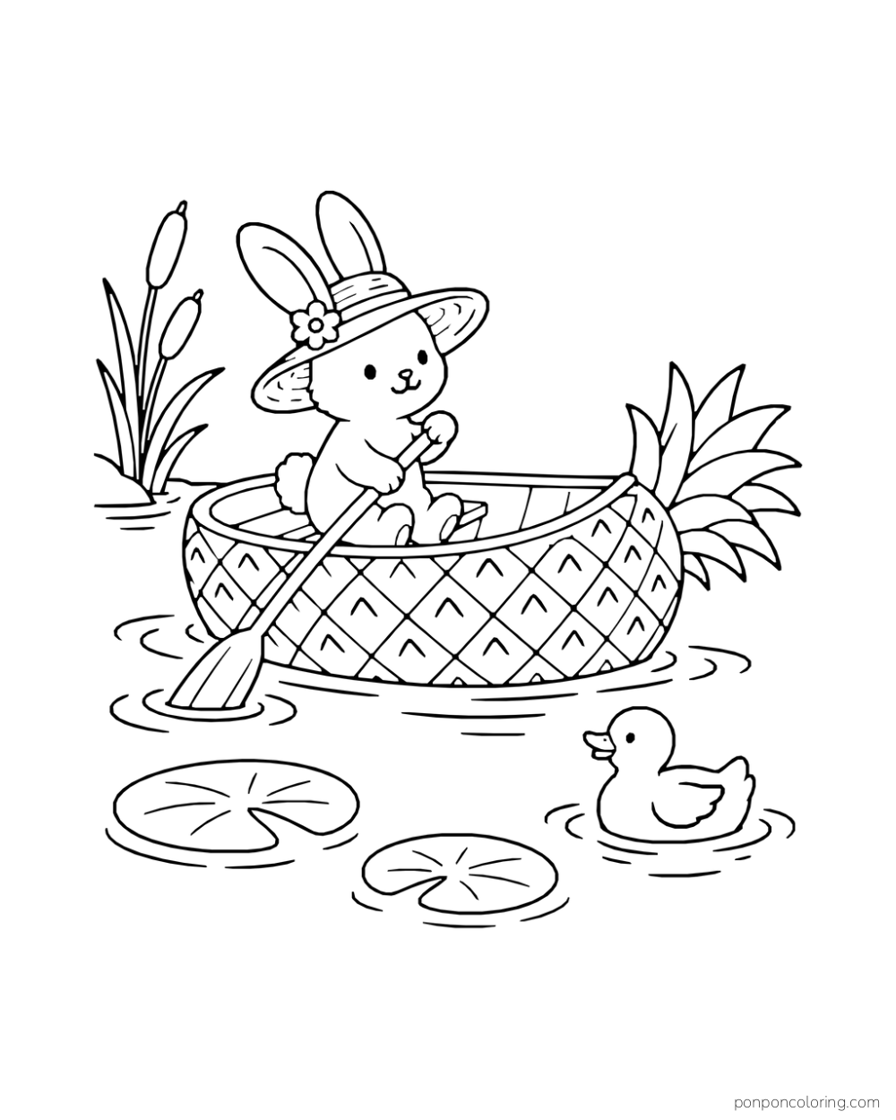 Bunny rowing a pineapple-shaped boat across a pond near a duck and lily pads.