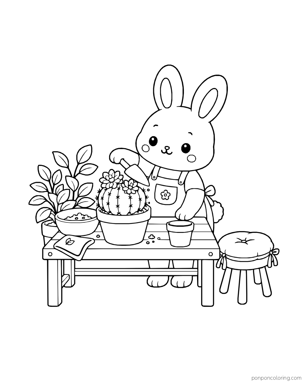 Bunny holding a trowel above a flowering cactus at a potting table beside soil, a spare pot, and a cushioned stool.