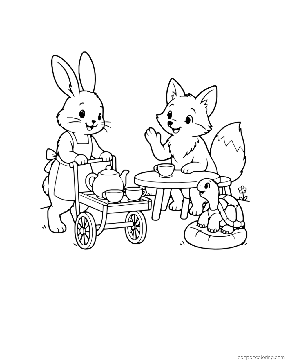 Bunny wheels a tea cart toward a fox at a low table while a tortoise watches.