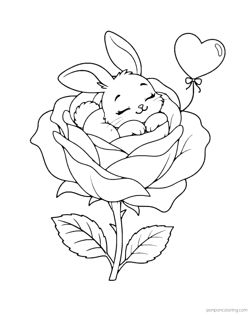 A bunny sleeps inside an open rose beside a floating heart balloon.