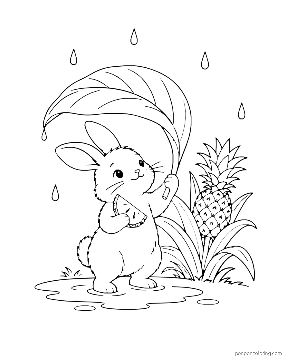 Bunny holding a pineapple wedge beneath a large leaf while rain falls beside a fruiting plant.