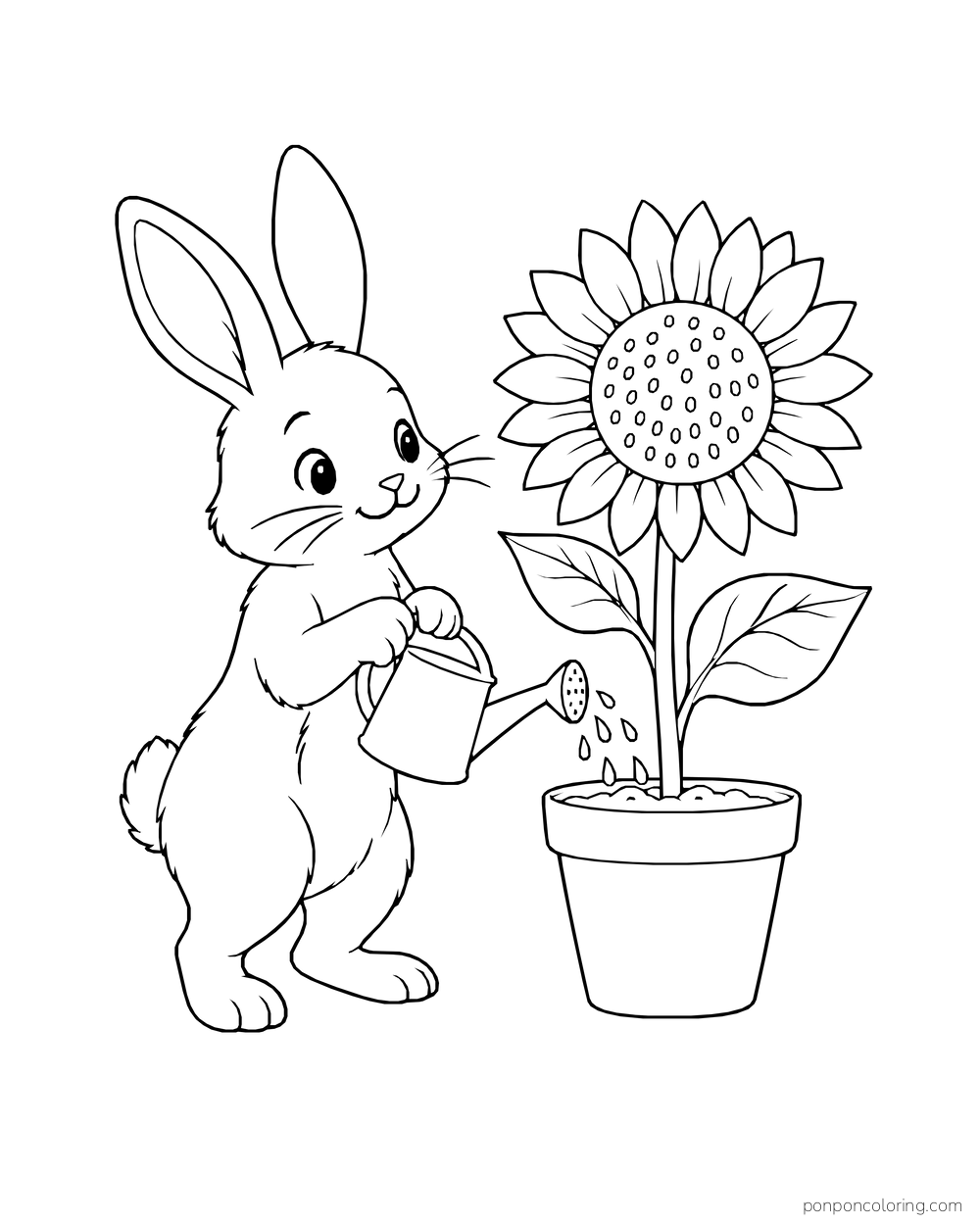 A rabbit watering a potted sunflower from a small can.