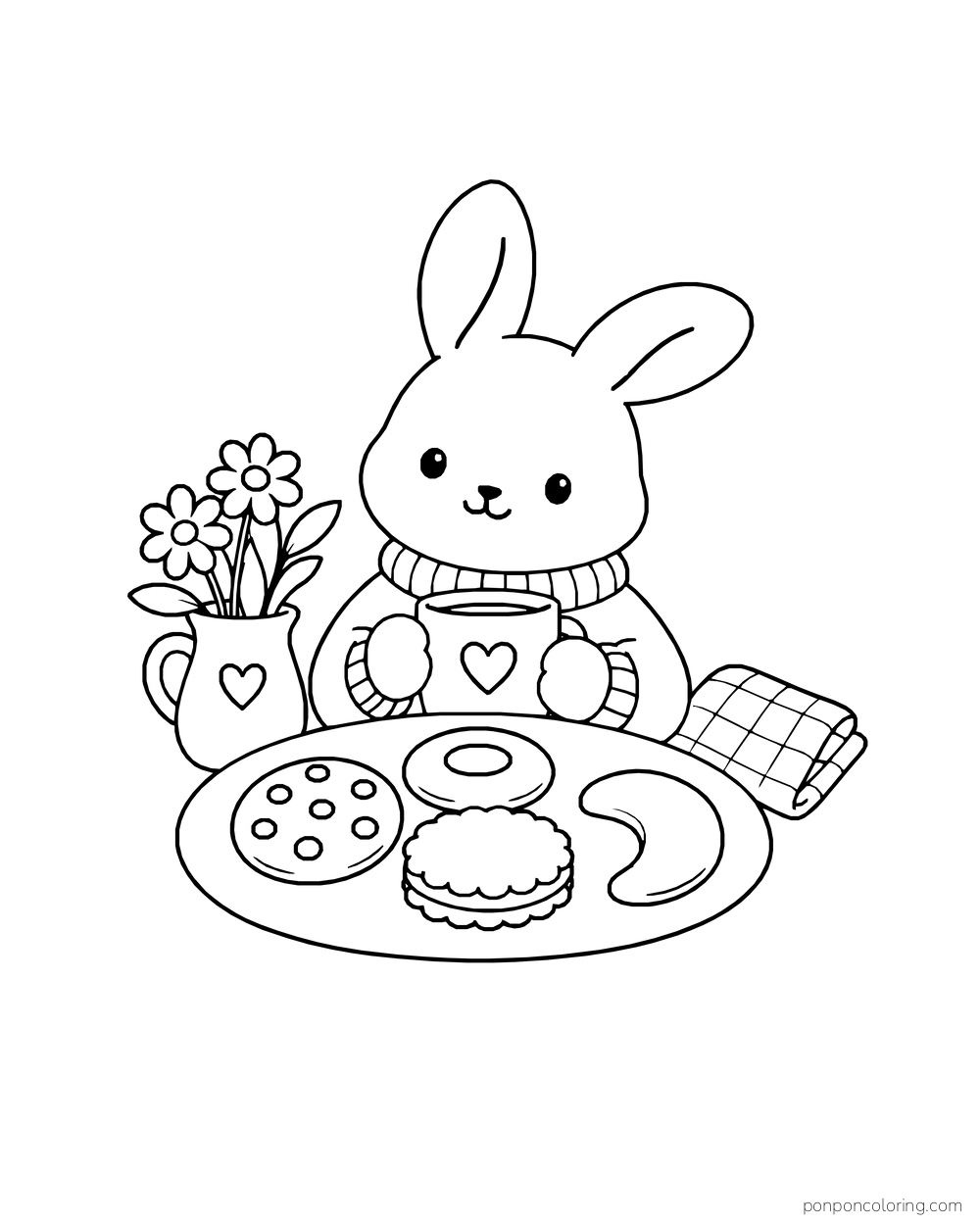 A bunny holding a heart mug behind a plate of four different cookies, with a vase of two daisies and a checked towel.