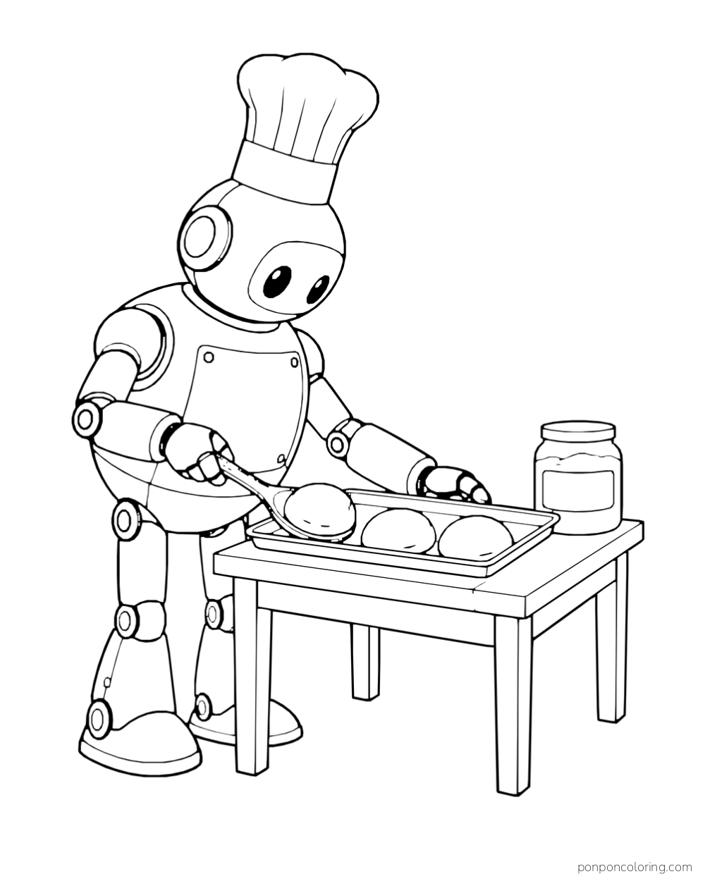 Baker robot places three buns on a baking tray.