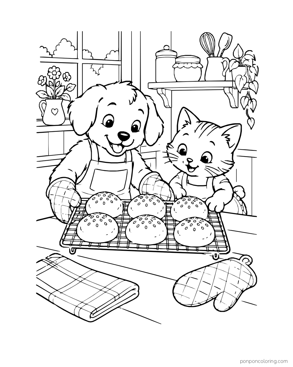 A puppy and kitten watch six buns cooling on a wire rack beside an oven mitt.