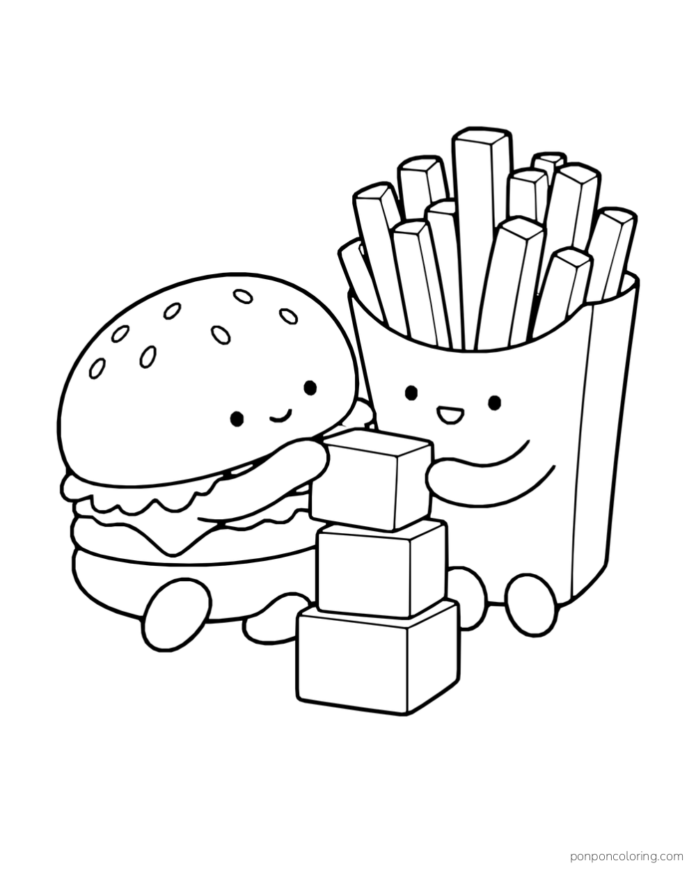 A burger and a carton of fries stack three blocks together.