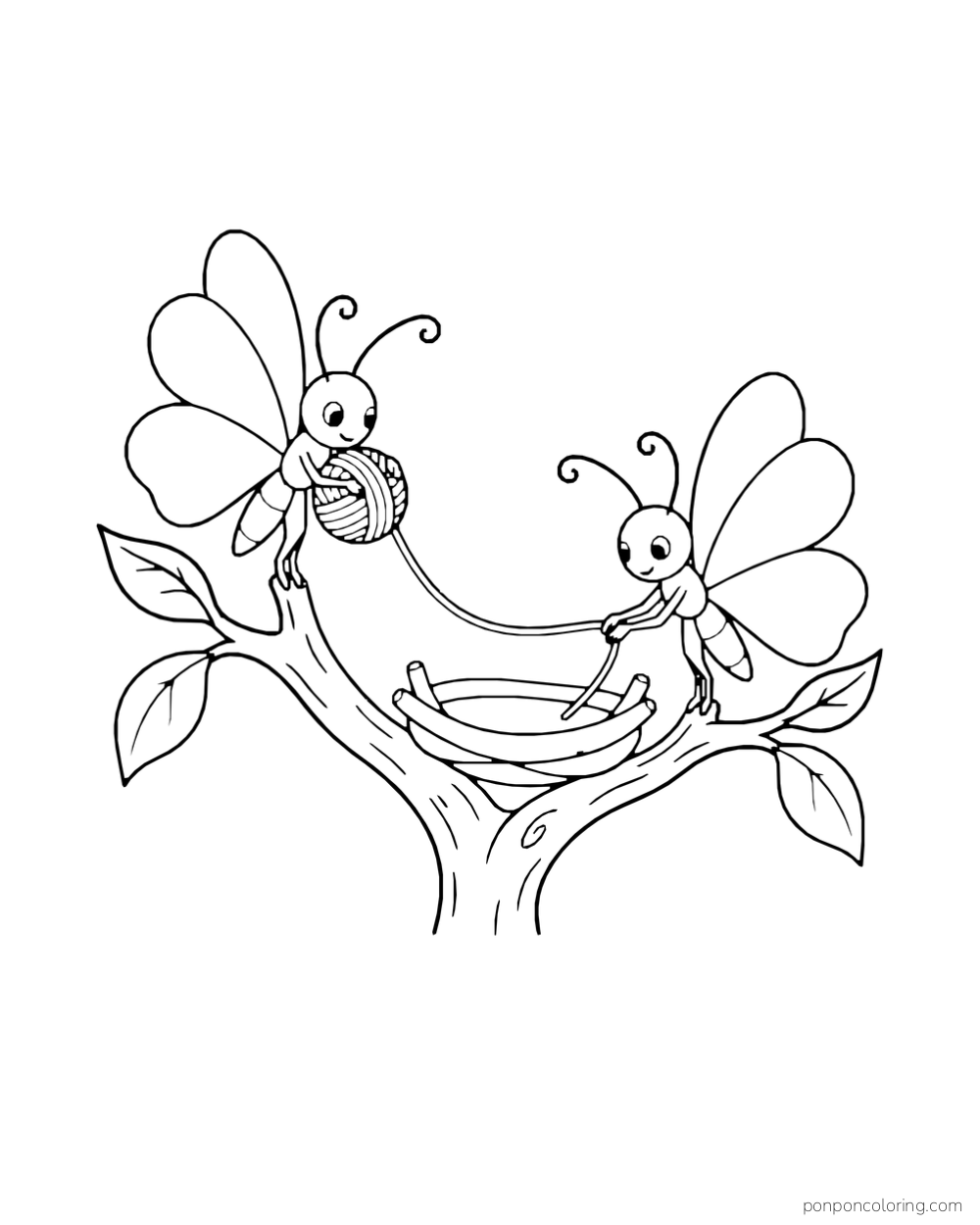 Two butterflies pass a length of yarn from a ball toward an empty nest in a forked branch.