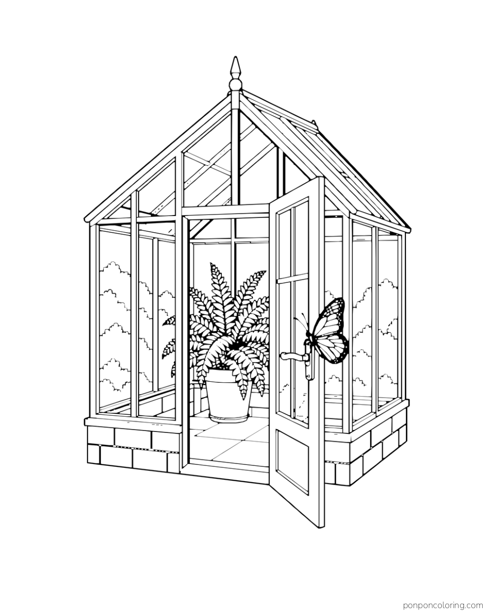 A butterfly rests on the open door of a small greenhouse with a potted fern inside.
