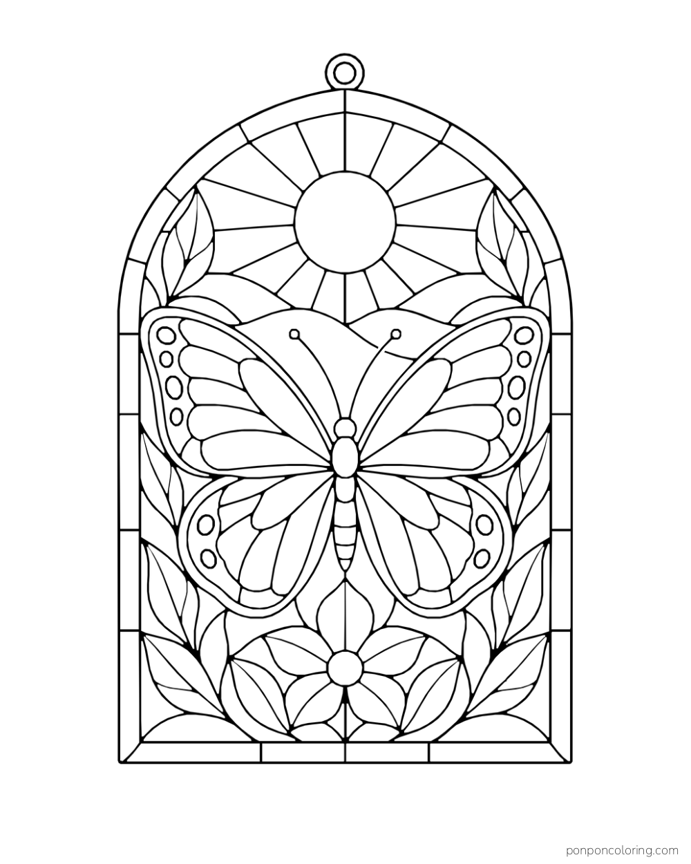A butterfly fills an arched stained-glass design with flowers, leaves, and a sun.