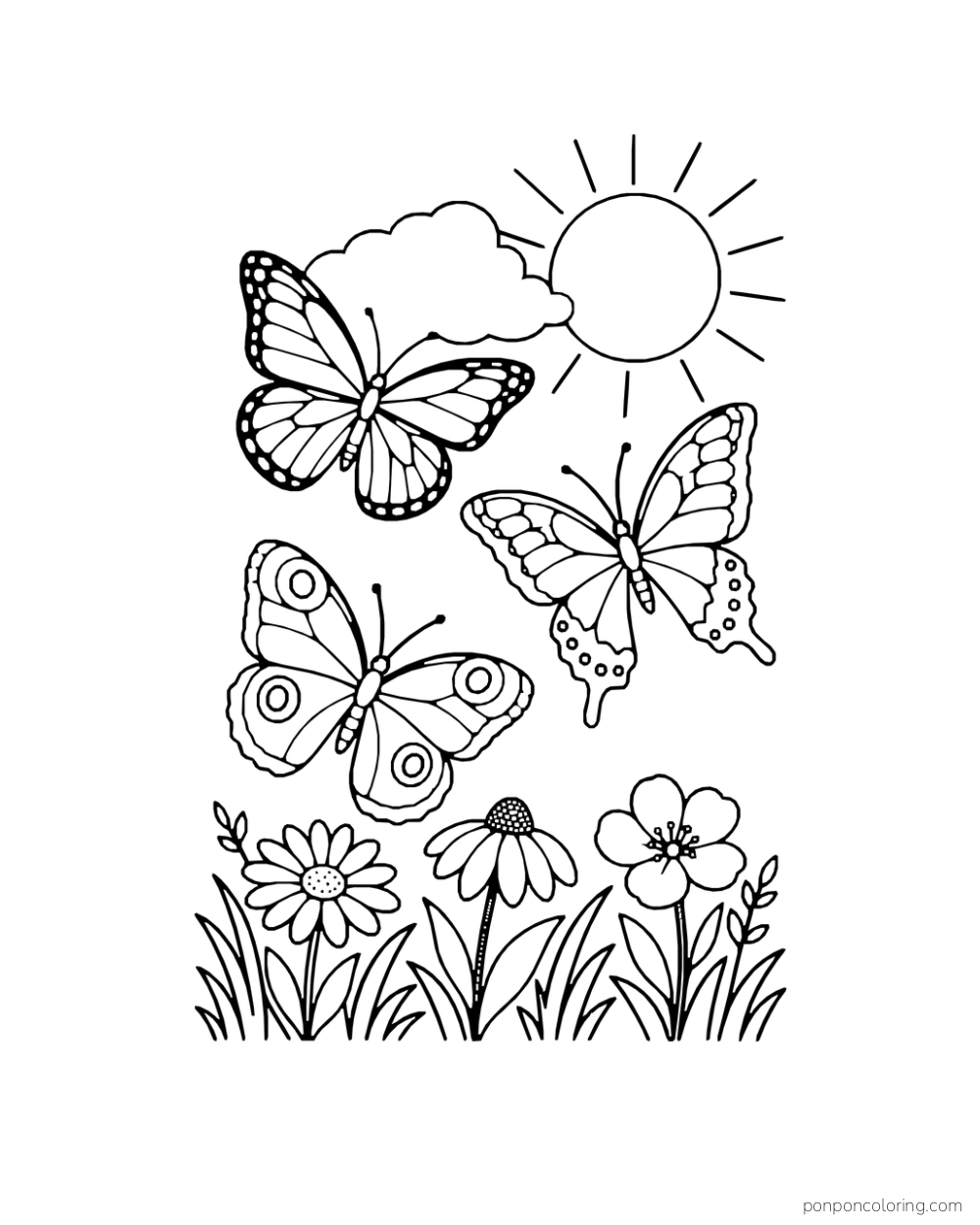 Three butterflies fly above flowers beneath a sun and cloud.