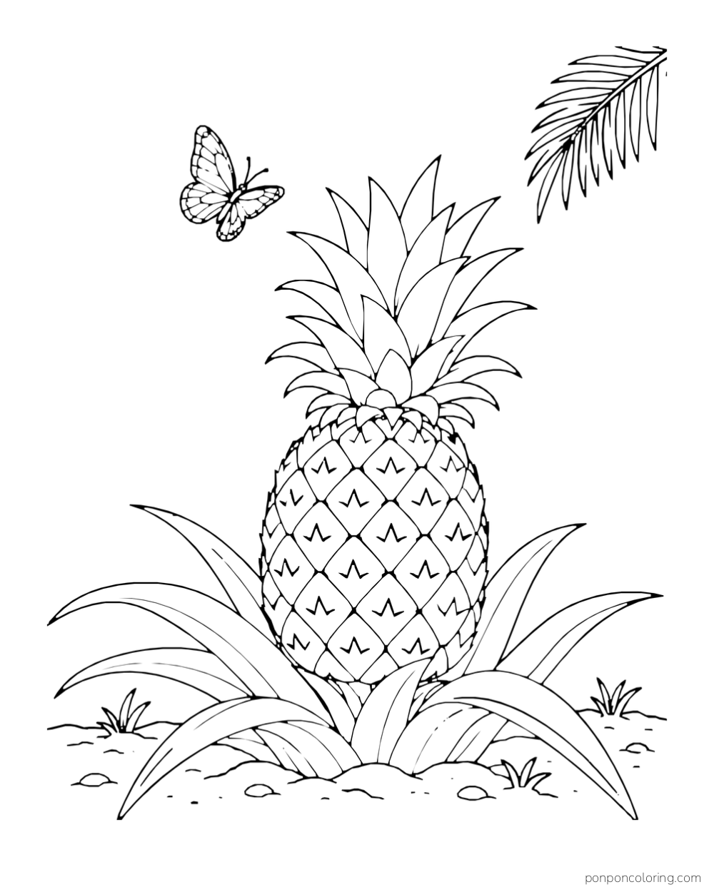 Butterfly hovering beside the crown of a ripe pineapple growing among leaves.