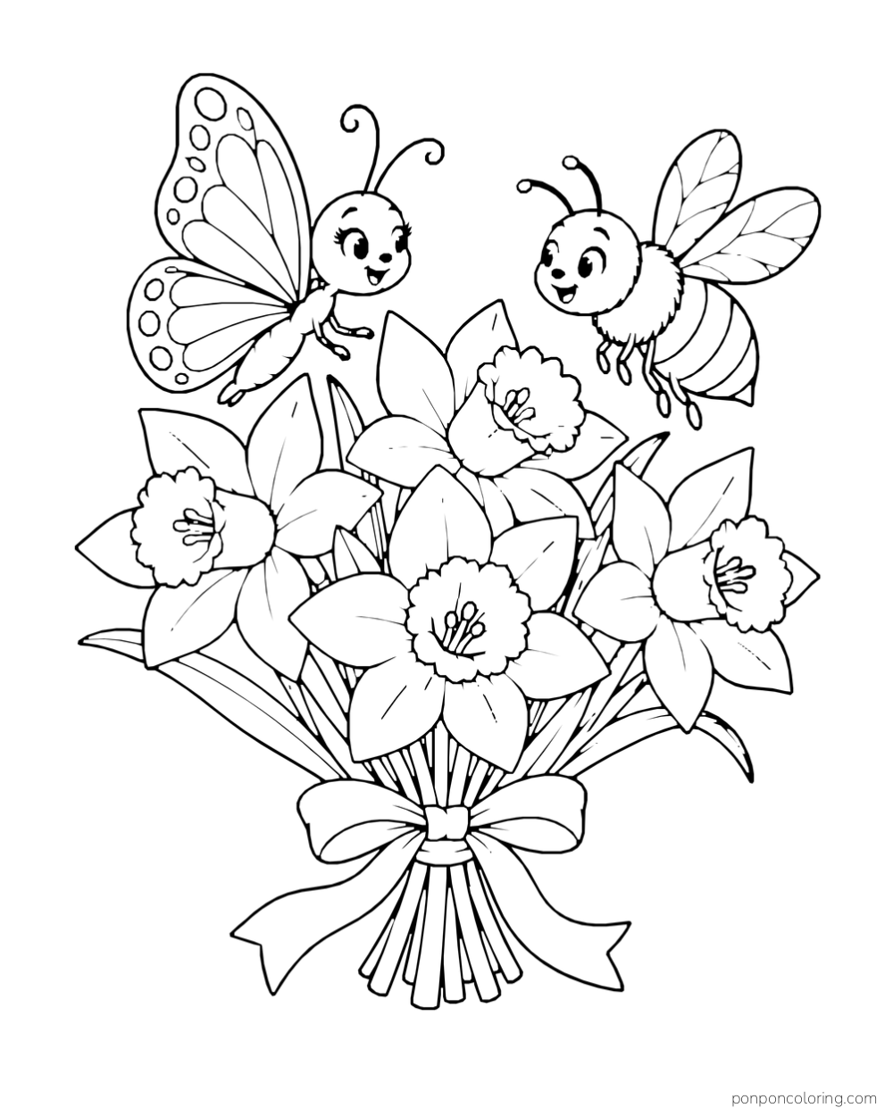 A butterfly and bee hover above a ribbon-tied bouquet of daffodils.