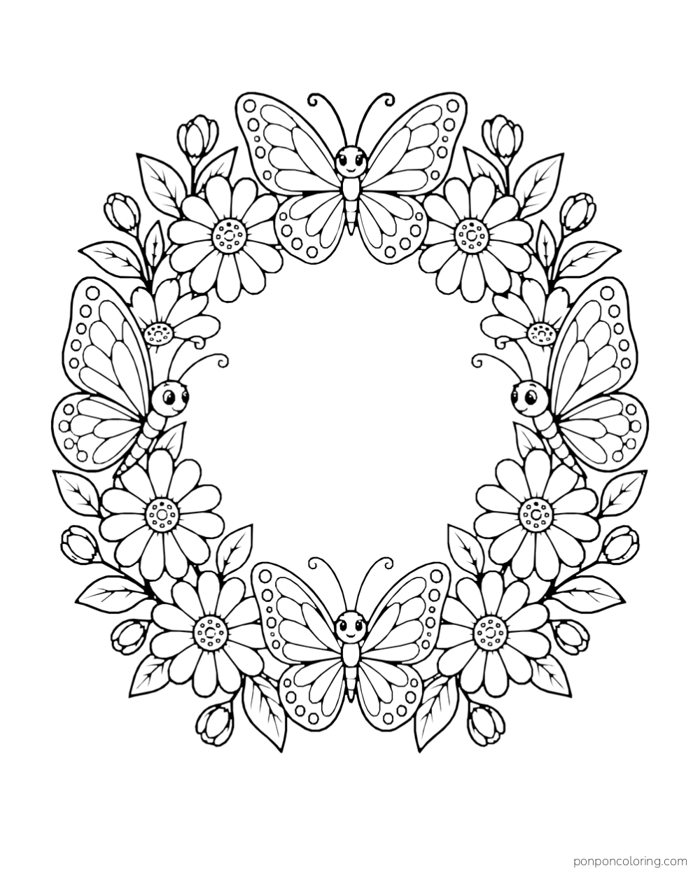 Four patterned butterflies sit among daisies and leaves in a round wreath.