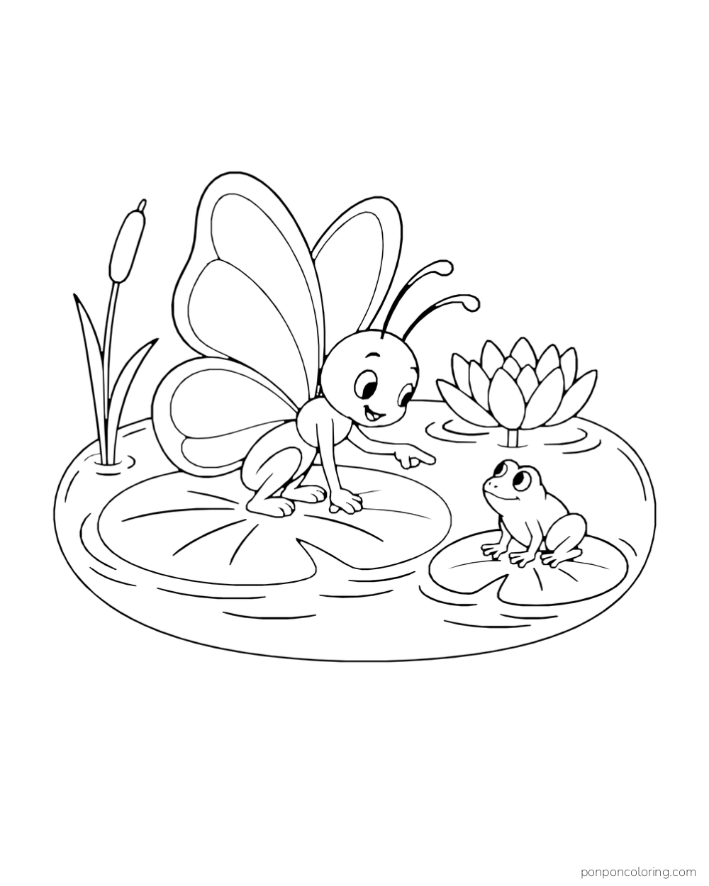 A butterfly crouches on a large lily pad and points toward a small frog on another pad inside an oval pond.