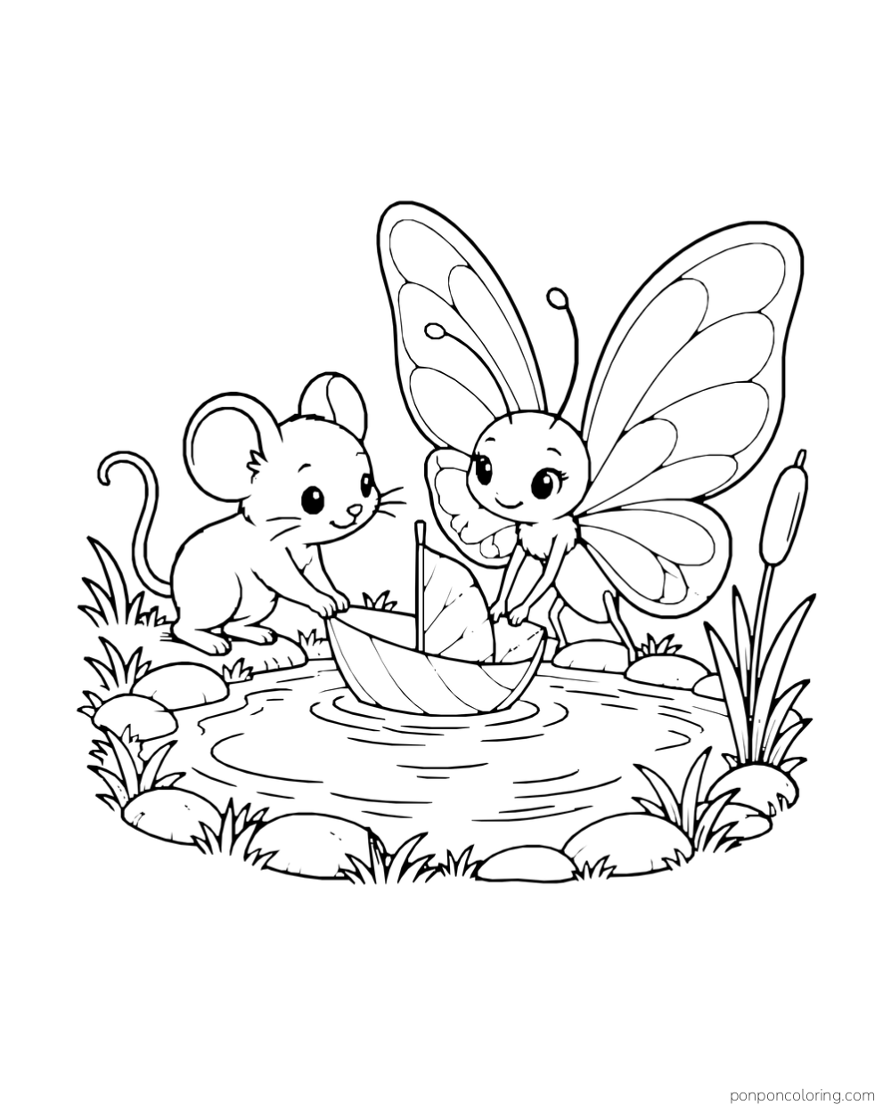 A butterfly and a mouse touch a small leaf boat in a shallow pond bordered by stones and grass.