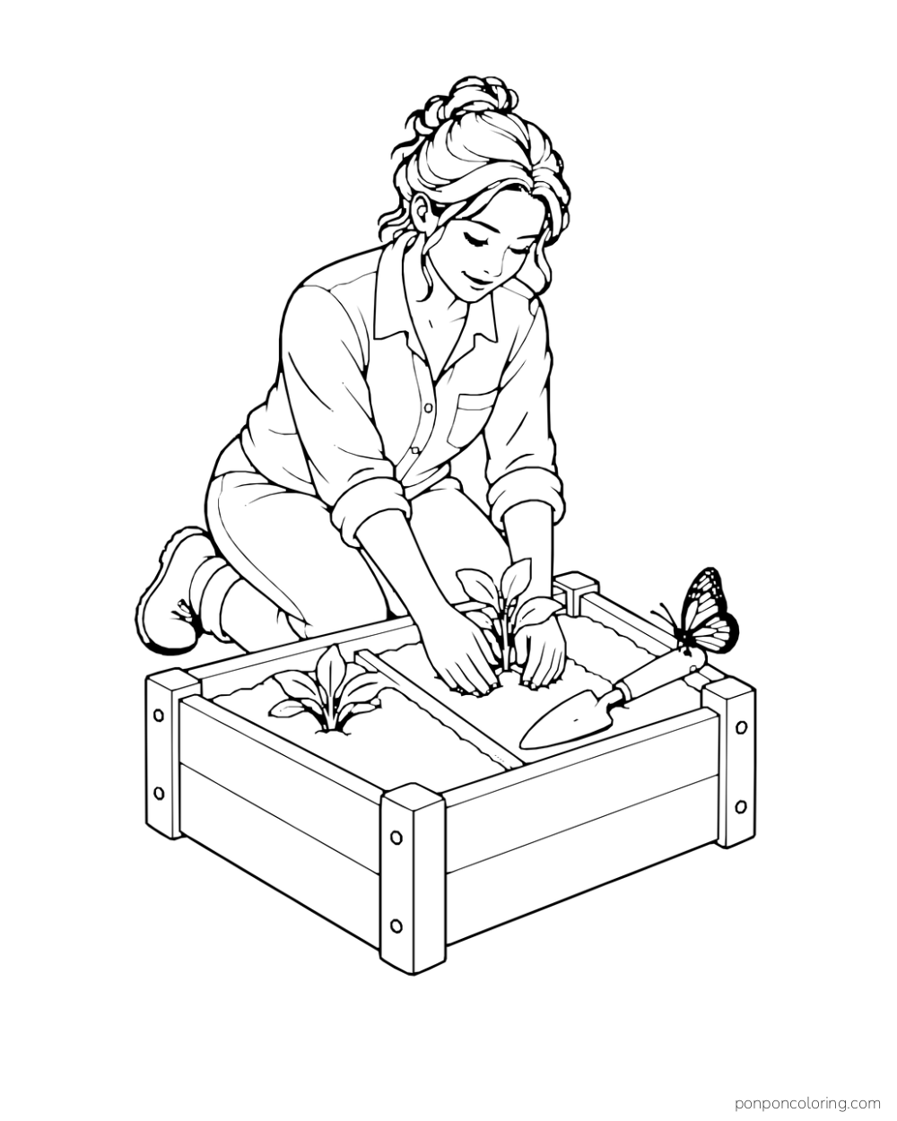 An adult gardener plants a seedling in a small raised bed while a butterfly rests on a trowel.