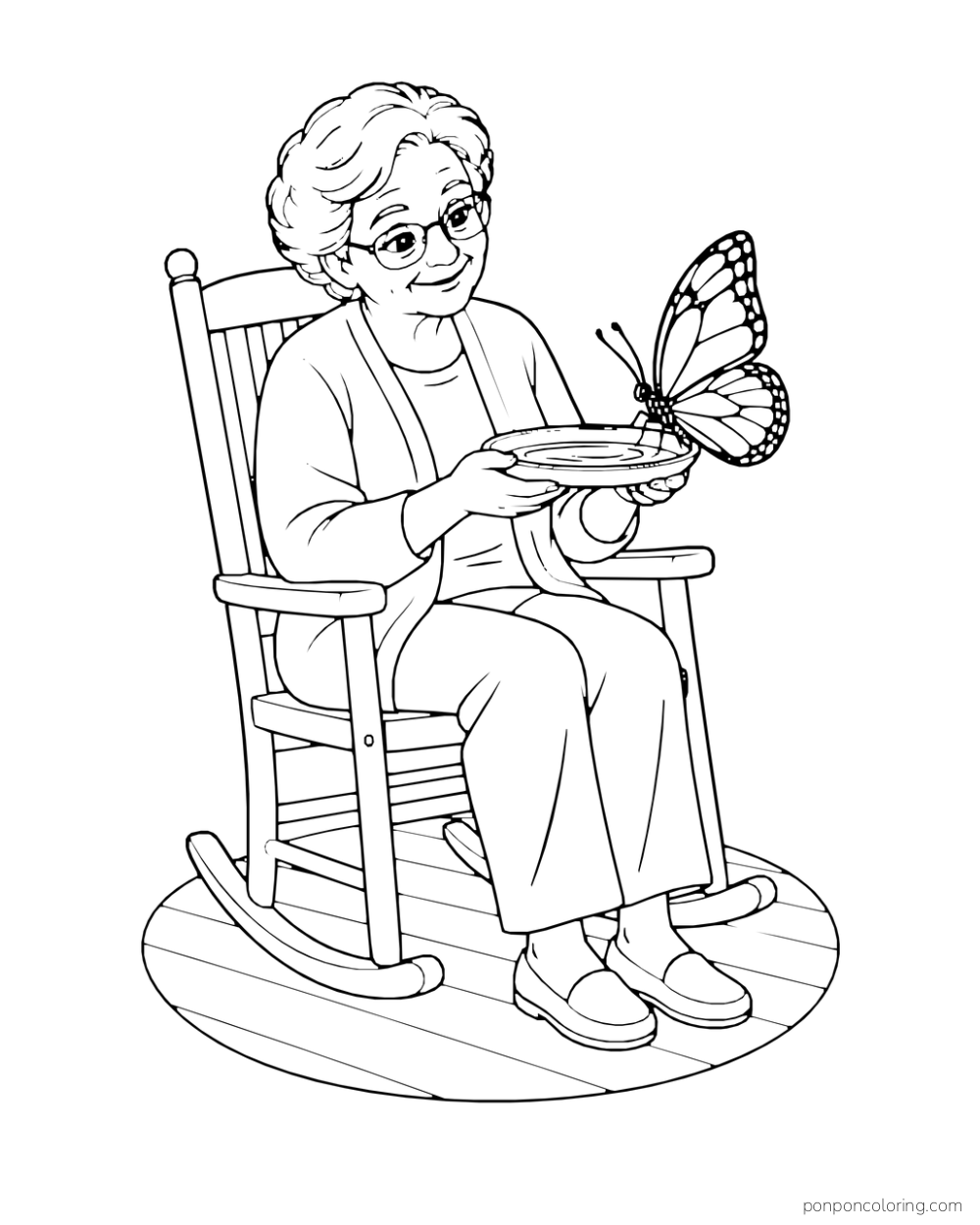 An adult wearing glasses holds a water saucer for a butterfly while seated in a rocker.